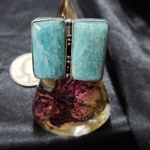 Sz-7 1/2 Ex-Lg,Elegant, StSilver,Rectangulr, 2-Stone Amazonite Ring/Simple Bezel